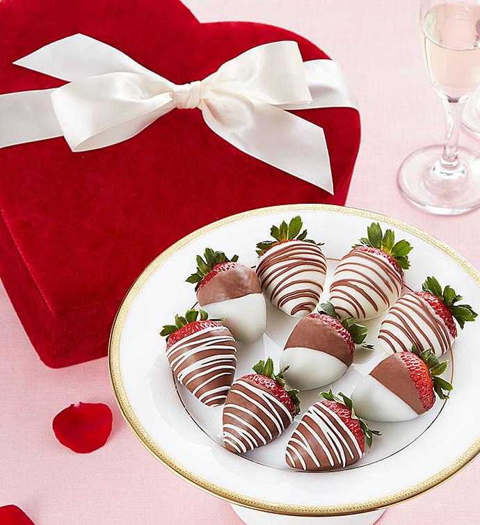 Chocolate Strawberries in Red Velvet Heart Box 